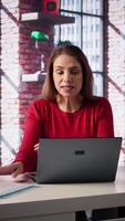 Vertical Female applicant at a virtual job interview chatting via online call, applying for a job vacancy listed on a web recruiting platform. Ambitious woman looking to get hired, job offer. Camera B. video