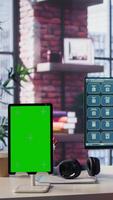 Vertical Freelancer interacting with smart AI virtual assistant next to mockup screen, using innovative chatbot web interface. Machine learning enhances productivity through advanced algorithms. Camera B. video