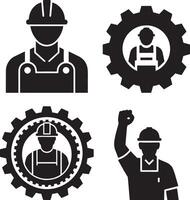 Silhouette icons of workers and gears, representing teamwork and industry vector