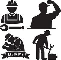 Four black silhouette icons depicting various workers in different actions vector