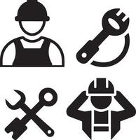 Four simple, black and white silhouette images of construction workers performing various tasks vector