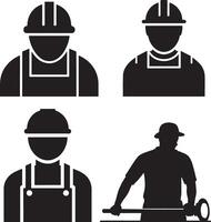 Four Black and White Silhouette Icons of Construction Workers vector