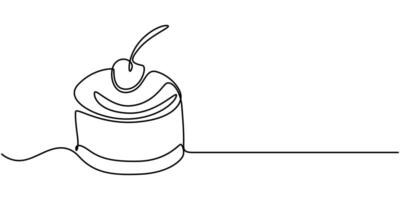 continuous one line drawing of cheesecake with cherries hand drawn piece of cake vector