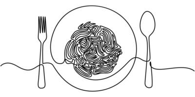 Continuous one line drawing of fork with delicious spaghetti icon in silhouette vector