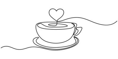 Hot coffee cup with heart shape aroma steam in continuous line art drawing style black linear design isolated on white background illustration vector