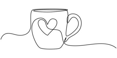 Continuous one line drawing a cup of coffee with love sign isolated on white background vector