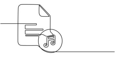 A single line drawing of a file with note symbol continuous one line drawing musical note icon vector