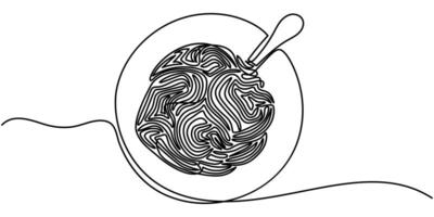 Fork with pasta in One Continuous line drawing Italian spaghetti noodle for web banner vector
