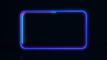 Rectangular frame formed by 4 lines of blue, cyan, magenta and purple moving around the frame against a black background. Loop sequence. 3D Animation video