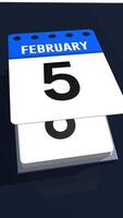 Close up of February month calendar including February 29 of leap years with individual sheets flying upwards on a black table with copy space. 3D Animation video