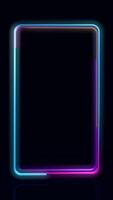 Rectangular frame formed by 4 lines of blue, yellow, magenta and purple moving around the frame on a reflective surface against a black background. Loop sequence. 3D Animation video