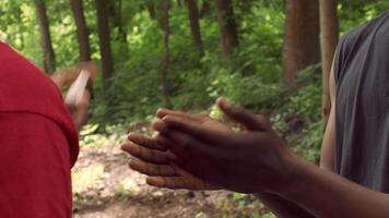 Two men engage in a healthy lifestyle routine in a park, with one applying hand sanitizer to the others hands, promoting hygiene after an intense workout session in nature. video