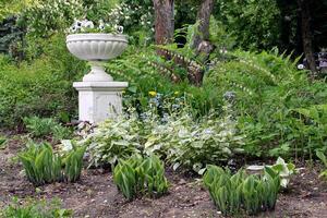 Garden with stone urn and plants. Outdoor garden with urn and flowers. Landscape with stone planter and greenery. Garden scene with decorative urn. Park garden with stone container photo