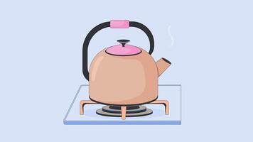 Boiling kettle on gas stove 2D cartoon animation. Kitchen stovetop. Tea brewing. Household item. Steam rising from teakettle spout animated flat object 4K blue background scene storytelling video