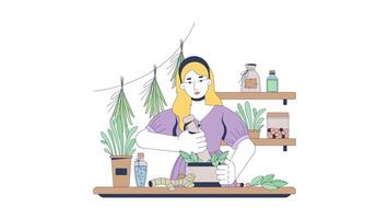 Herbalist preparing natural remedies cartoon animation. Herbal medicine. Homeopathy naturopath woman with mortar pestle animated flat 2D character 4K isolated on white, scene storytelling video