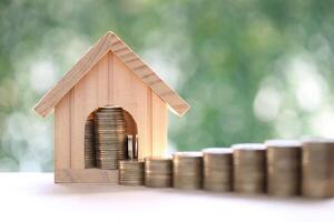 Mortgage,Model house and stack of coins money on natural green background,Business investment and Save money for prepare in future concept photo