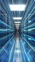 Moving Forward Through a High-Tech Server Room with Glowing Data Streams - Hosting and Storage Concept video