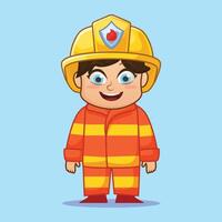 Firefighter Character chibi cute boy with smiling face wearing safety helmet and heat resistant jacket free illustration in 2d cartoon style. perfect for design asset or sticker fireman vector