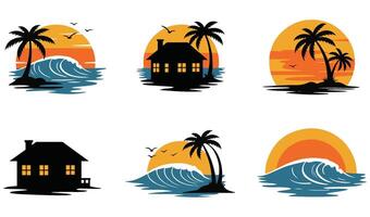 Relaxing Beach House Silhouette with Retro Sunset Palm Trees and Ocean Waves Capturing the Essence of a Peaceful Island Escape and Coastal Serenity vector