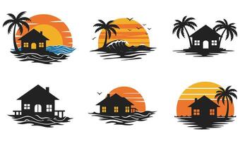 Coastal Summer Paradise with Palm Trees Waves and a Beach House Silhouette Under a Glowing Retro Sunset Ideal for Travel Branding and Vacation Concepts vector