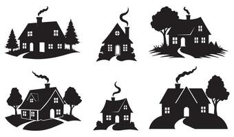 High-Quality Chimney Surrounded by Trees House Silhouette with Elegant and Minimalist Illustrations of Homely Cottages for Branding and Digital Use vector