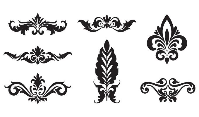 Artistic Floral Flowers Stencil Silhouette Summer Set with Decorative Swirl Ornament Icon Symbol and Nature-Inspired Patterns