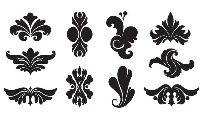 Abstract Floral Flowers Stencil Swirl Ornament Icon Symbol with Vintage Scroll Patterns and Elegant Summer Set Decorative Elements