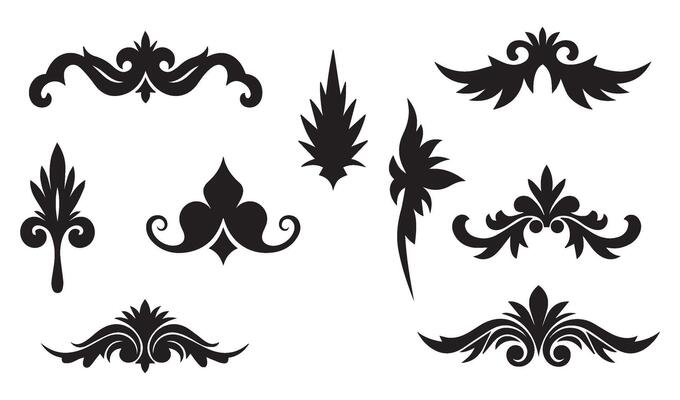 Classic Floral Flowers Stencil Swirl Ornament Icon Symbol with Ornamental Lily and Rose Silhouettes for Elegant Summer Set Designs