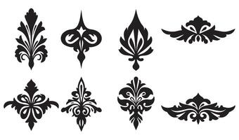 Traditional Floral Flowers Stencil Vectors Silhouette with Vintage Scroll Elements Calligraphy Patterns and Elegant Summer Set Icons