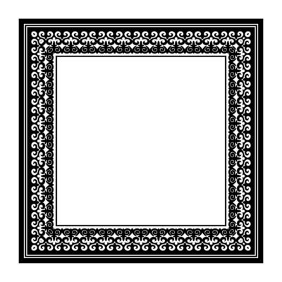 Black square Kazakh national ornament. Border frame deco label. Elegant element for design in Eastern style, place for text. Floral black border. Lace illustration for invitation, greeting card