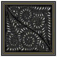 Intricate black and white hand drawn dot stitch texture print pattern featuring swirling leaves and spirals, bordered with yellow and black stripes. vector