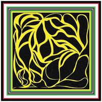 Abstract design featuring bold yellow organic shapes against a black background, framed by colorful lines in green, red, and white. vector