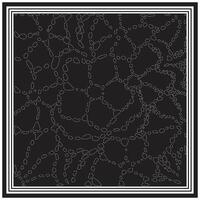 Abstract hand drawn dotted print on black background with white, dashed, irregular shapes forming a web like scarf pattern, bordered by layered white frames. vector