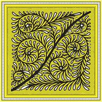 Black intricate hand drawn dot and line texture, fern patterns on a bright yellow background, featuring swirls and leaves, framed with a dotted border. vector