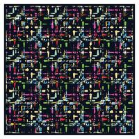 A vibrant, abstract pattern with colorful shapes on a dark background, featuring spikes, lines, and dots in pink, blue, green, and yellow. vector