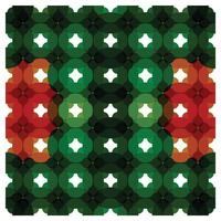 Colorful abstract pattern with overlapping green, red, and orange floral shapes, creating a harmonious geometric design. vector