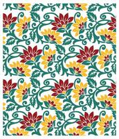A vibrant floral pattern featuring red and yellow flowers intertwined with green swirls and leaves on a white background. vector