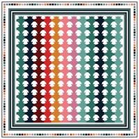 A colorful patterned textile featuring overlapping white shapes arranged in a gradient of vibrantly shaded backgrounds. vector