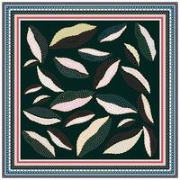 A hand drawn dotted patterned scarf featuring colorful leaves in pink, green, and black against a dark background, framed by decorative borders. vector