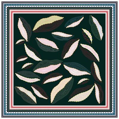 A hand drawn dotted patterned scarf featuring colorful leaves in pink, green, and black against a dark background, framed by decorative borders.
