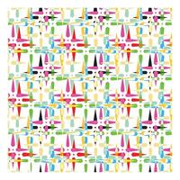 A vibrant abstract pattern featuring colorful geometric shapes including triangles, circles, and dots arranged in a grid layout, It could be used as a wallpaper, fabric design, scarf, pillow cover vector