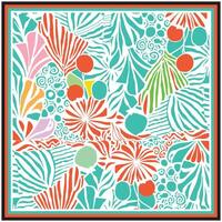 Colorful abstract pattern featuring tropical leaves, seashells, and circular shapes in shades of pink, teal, red, and orange. vector