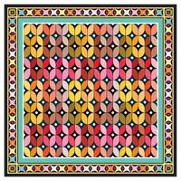 A vibrant geometric pattern featuring overlapping colorful shapes, framed by intricate designs in various hues. vector