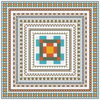 Colorful geometric pattern cross stitch and dot featuring concentric squares with intricate borders in shades of orange, blue, and white, it could be used as a wallpaper, fabric design, scarf, pillow vector