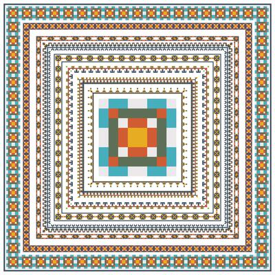 Colorful geometric pattern cross stitch and dot featuring concentric squares with intricate borders in shades of orange, blue, and white, it could be used as a wallpaper, fabric design, scarf, pillow