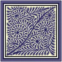 A decorative hand drawn dot print pattern featuring intricate swirling leaves and spirals in navy blue on a light cream background with a bold black frame. vector