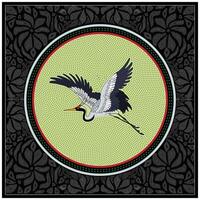 A stylized hand drawn quilt print, crane in mid flight, framed by a vibrant green circle, against a patterned black background. vector