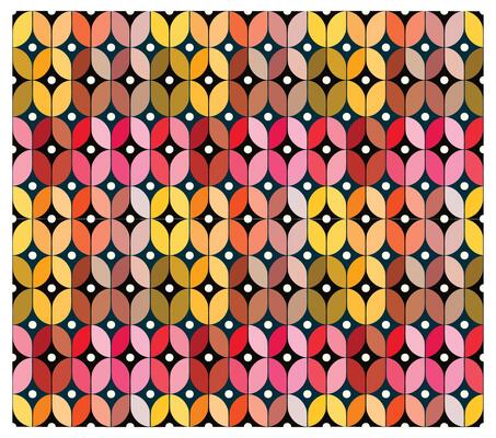 A vibrant geometric pattern featuring interlocking shapes in warm colors, accented by black and white dots, creating a retro design.
