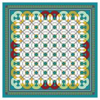 Intricate geometric pattern featuring interwoven shapes in vibrant colors, bordered by ornate designs on a teal background. vector