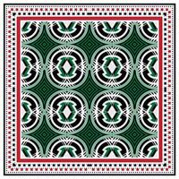 Intricate geometric pattern in green, black, and white, framed by a decorative border of red, black, and white dots and squares. vector